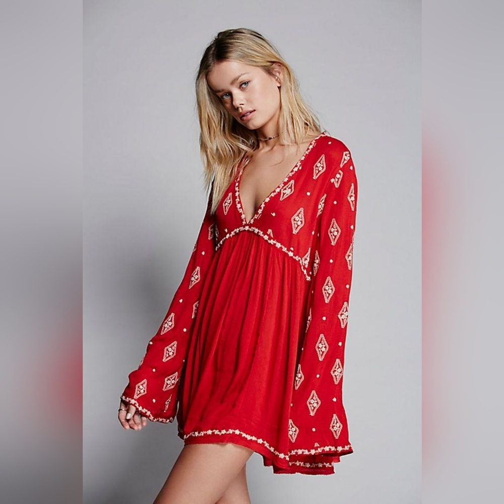 Red Diamond Embroidered Free People Boho Tunic
